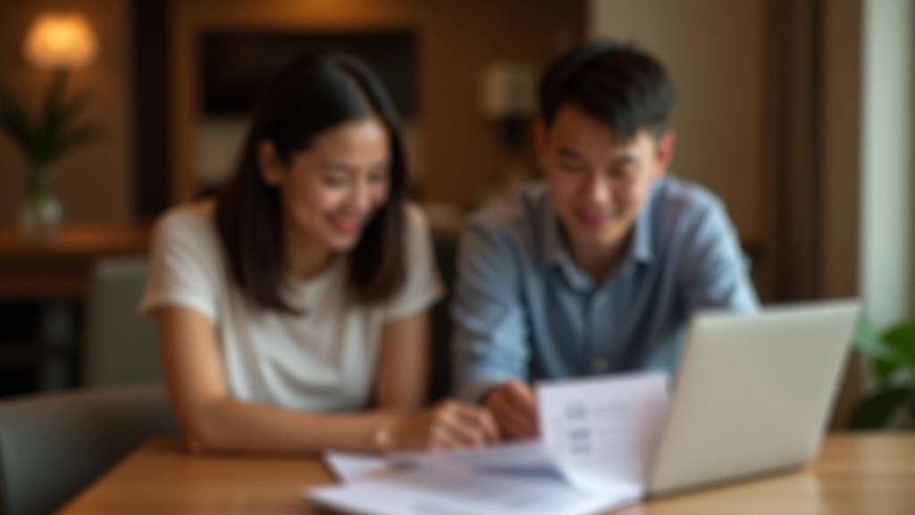 Financial planning documents and couple reviewing budget together on laptop